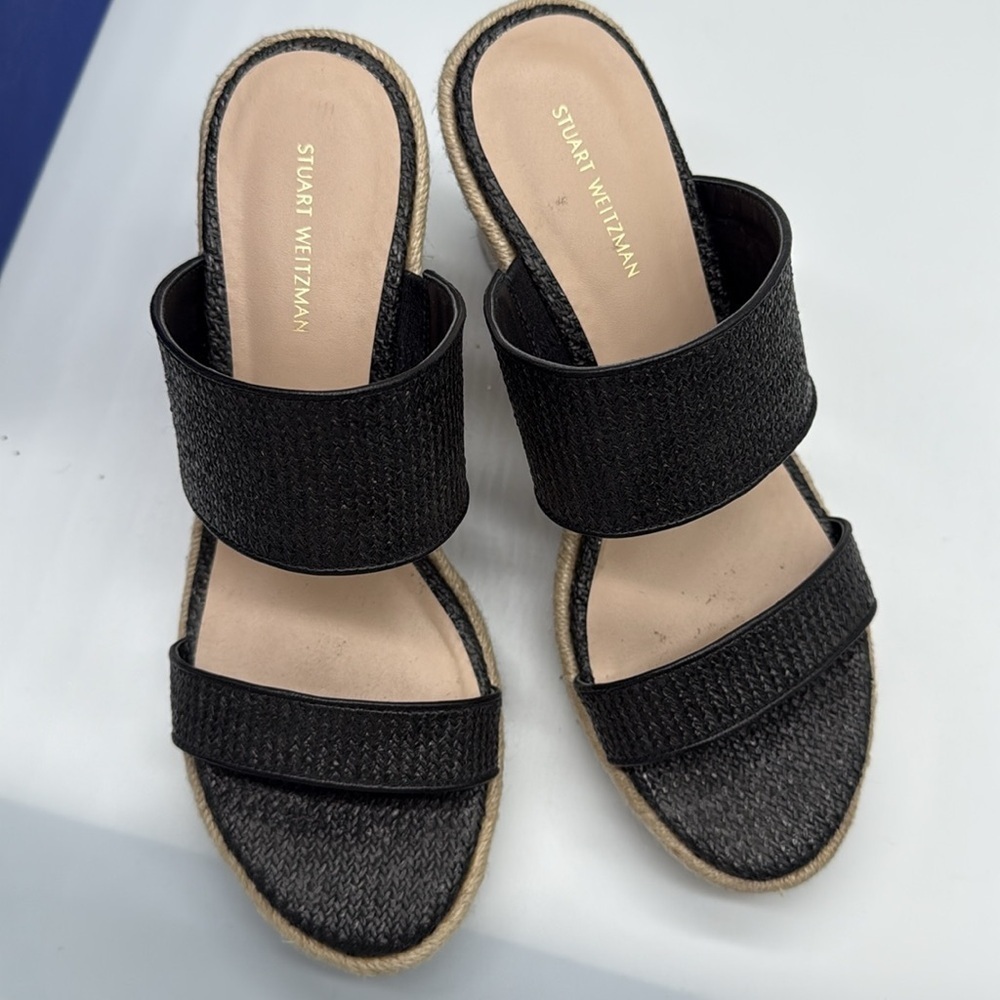 Stuart Weitzman Mykonos Two-Strap Wedge Sandals Herringbone Raffia & Black 38.5 - Picture 11 of 12